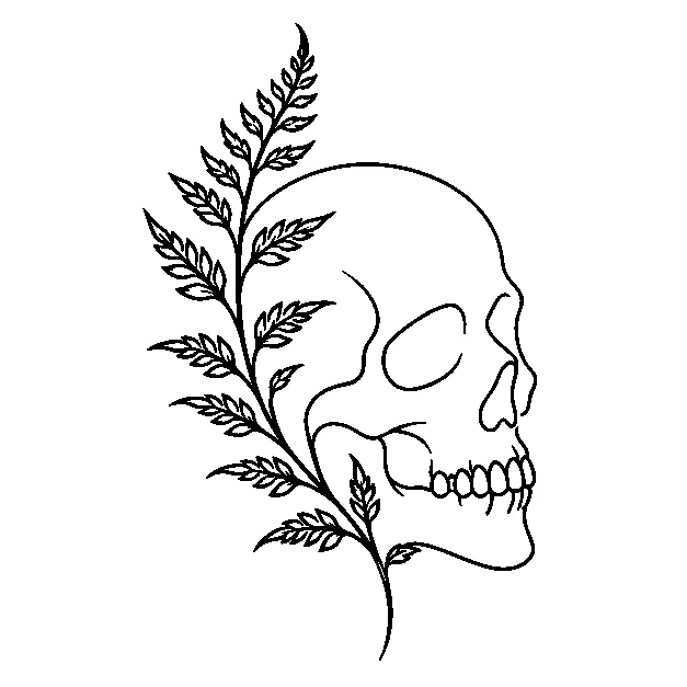 Original a stylized skull with a fern sprig, minimal black line stencil on white
