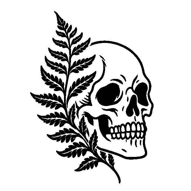 Original a stylized skull with a fern sprig, traditional black line stencil on white