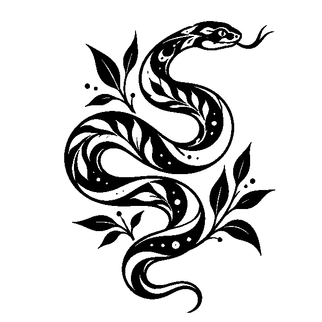 Original a winding garden snake with leaves, blackwork black line stencil on white