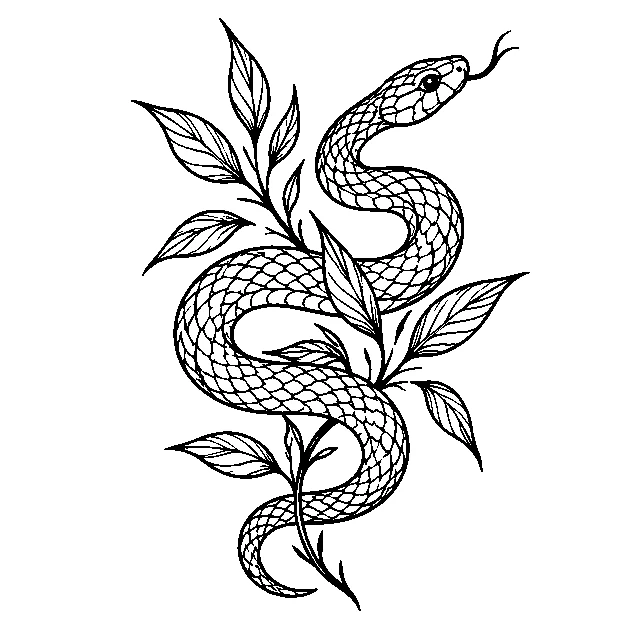 Original a winding garden snake with leaves, fine line black line stencil on white