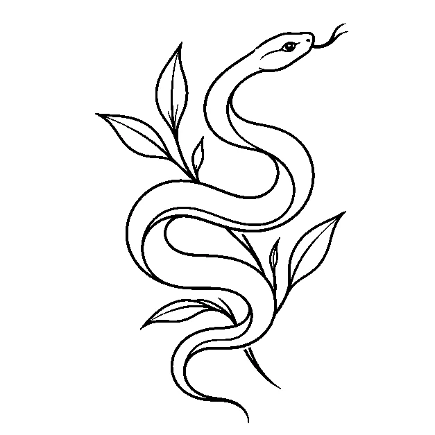 Original a winding garden snake with leaves, minimal black line stencil on white