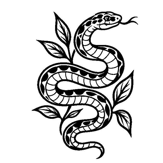 Original a winding garden snake with leaves, traditional black line stencil on white