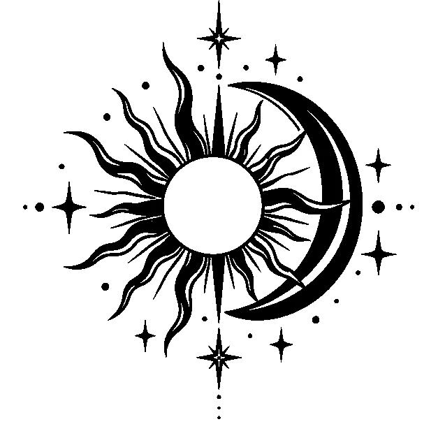 Original symbolic sun and crescent moon without facial features, blackwork black line stencil on white