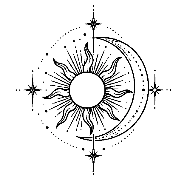 Original symbolic sun and crescent moon without facial features, fine line black line stencil on white