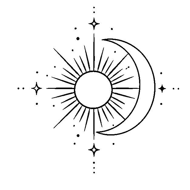Original symbolic sun and crescent moon without facial features, minimal black line stencil on white