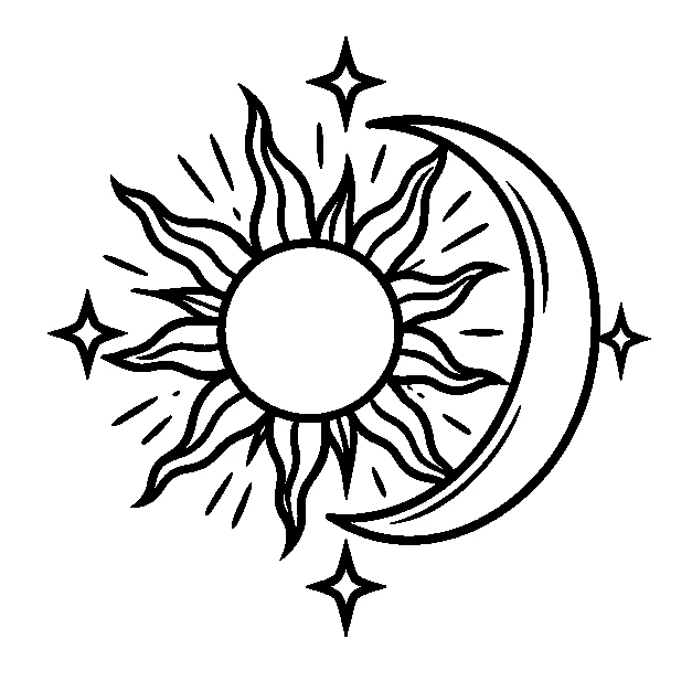 Original symbolic sun and crescent moon without facial features, traditional black line stencil on white