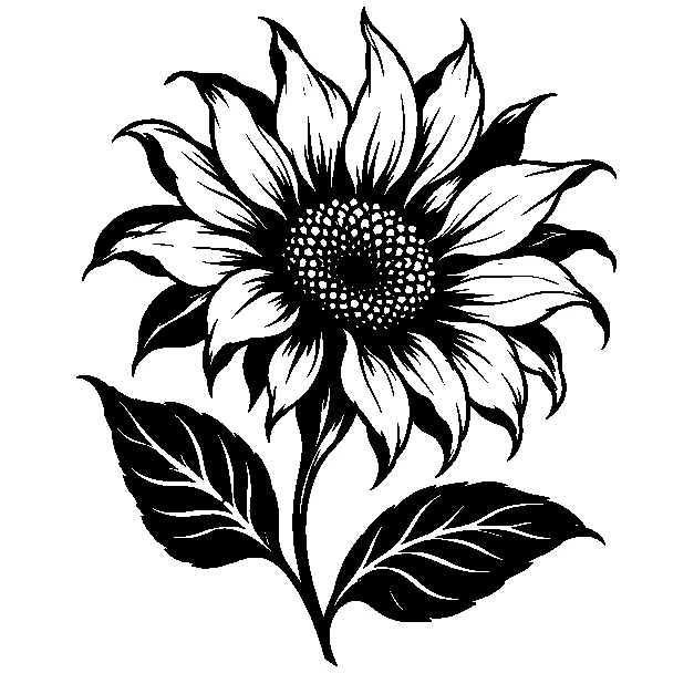 Original one sunflower with two leaves, blackwork black line stencil on white