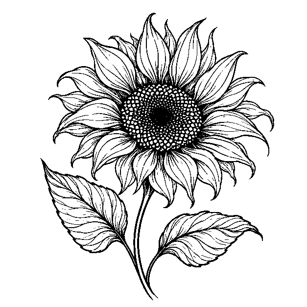 Original one sunflower with two leaves, fine line black line stencil on white