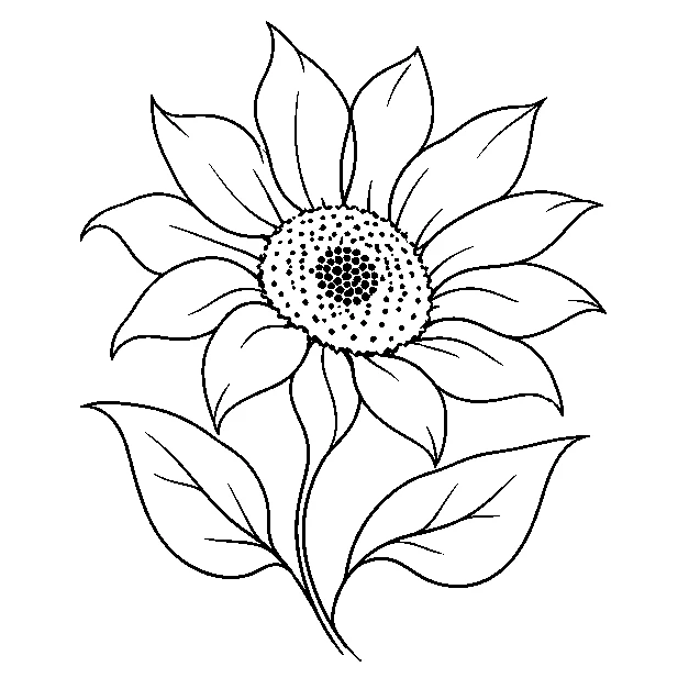 Original one sunflower with two leaves, minimal black line stencil on white