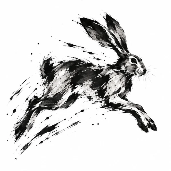 Leaping hare in gestural black brushstrokes tattoo illustration
