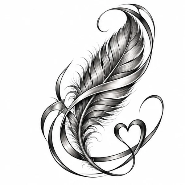 Ornamental feather with a heart tattoo illustration
