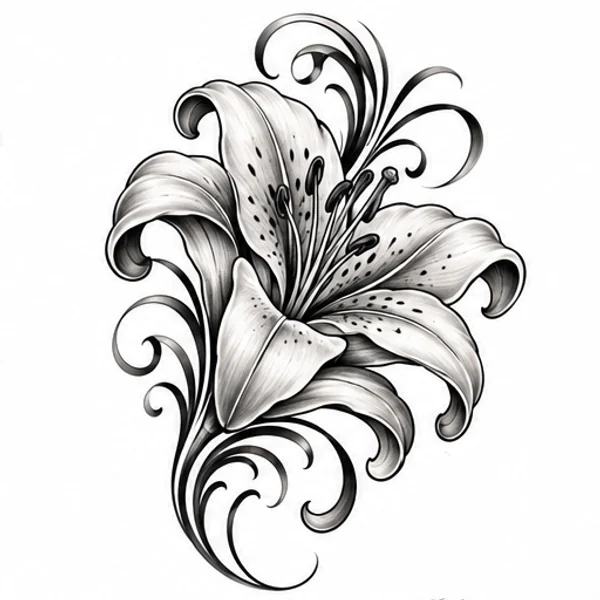 Black and grey lily with calligraphic curves tattoo illustration