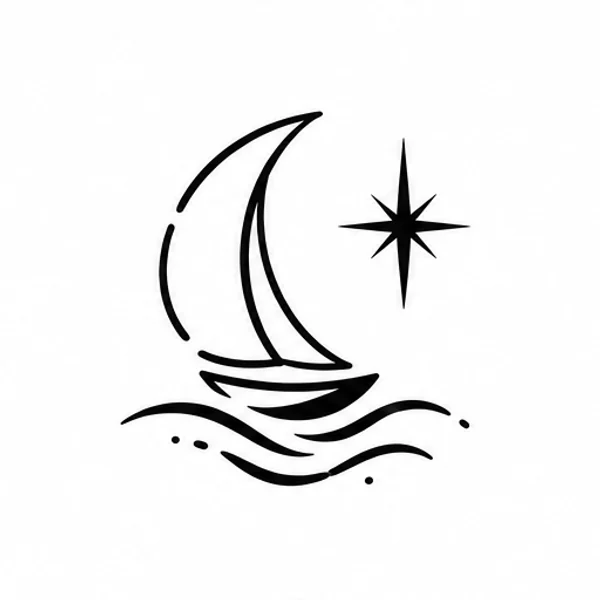 Tiny crescent sail and star tattoo illustration