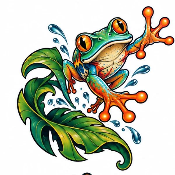 Original colorful frog leaping from a leaf tattoo illustration