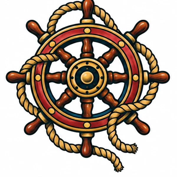 Nautical wheel and rope in traditional colors tattoo illustration