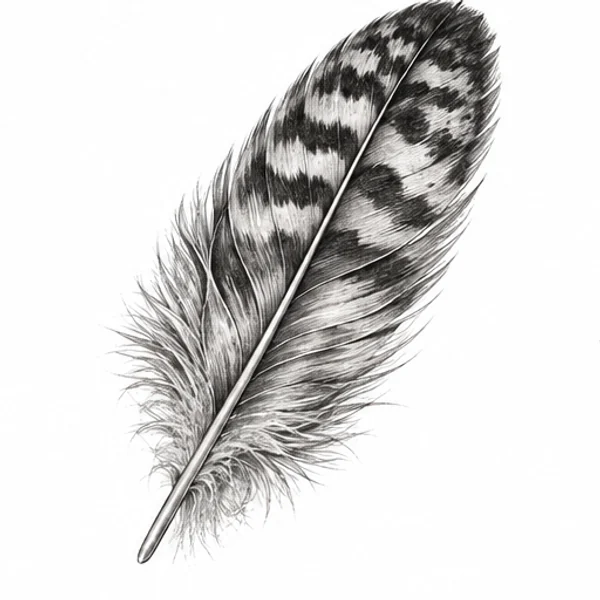 Realistic owl feather in black and grey tattoo illustration