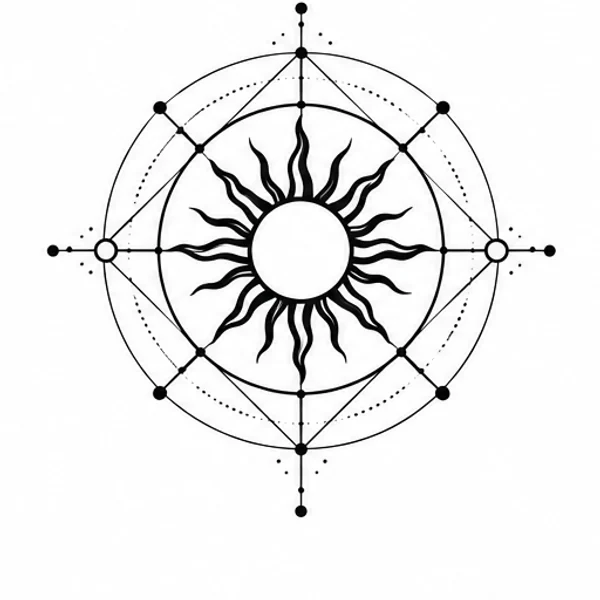 Compass circle lattice around a sun tattoo illustration