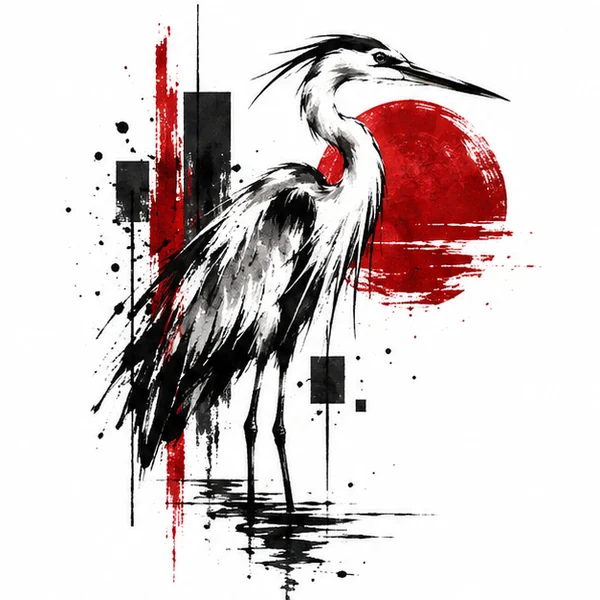 Heron and sun with black and red ink fragments tattoo illustration