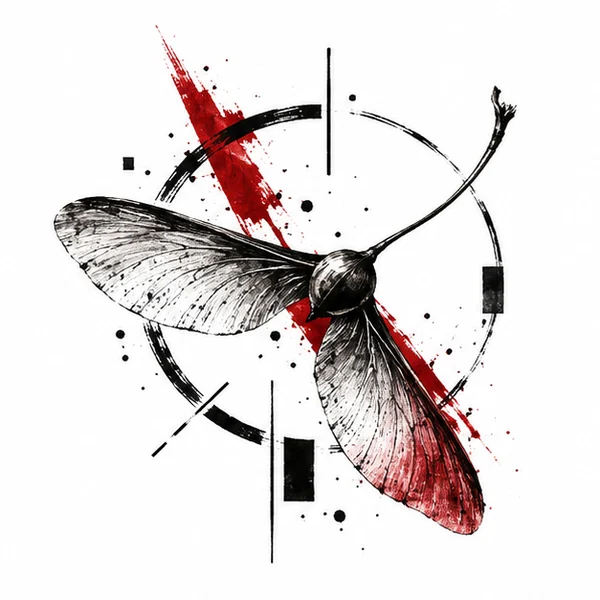 Maple seed with black and red graphic fragments tattoo illustration