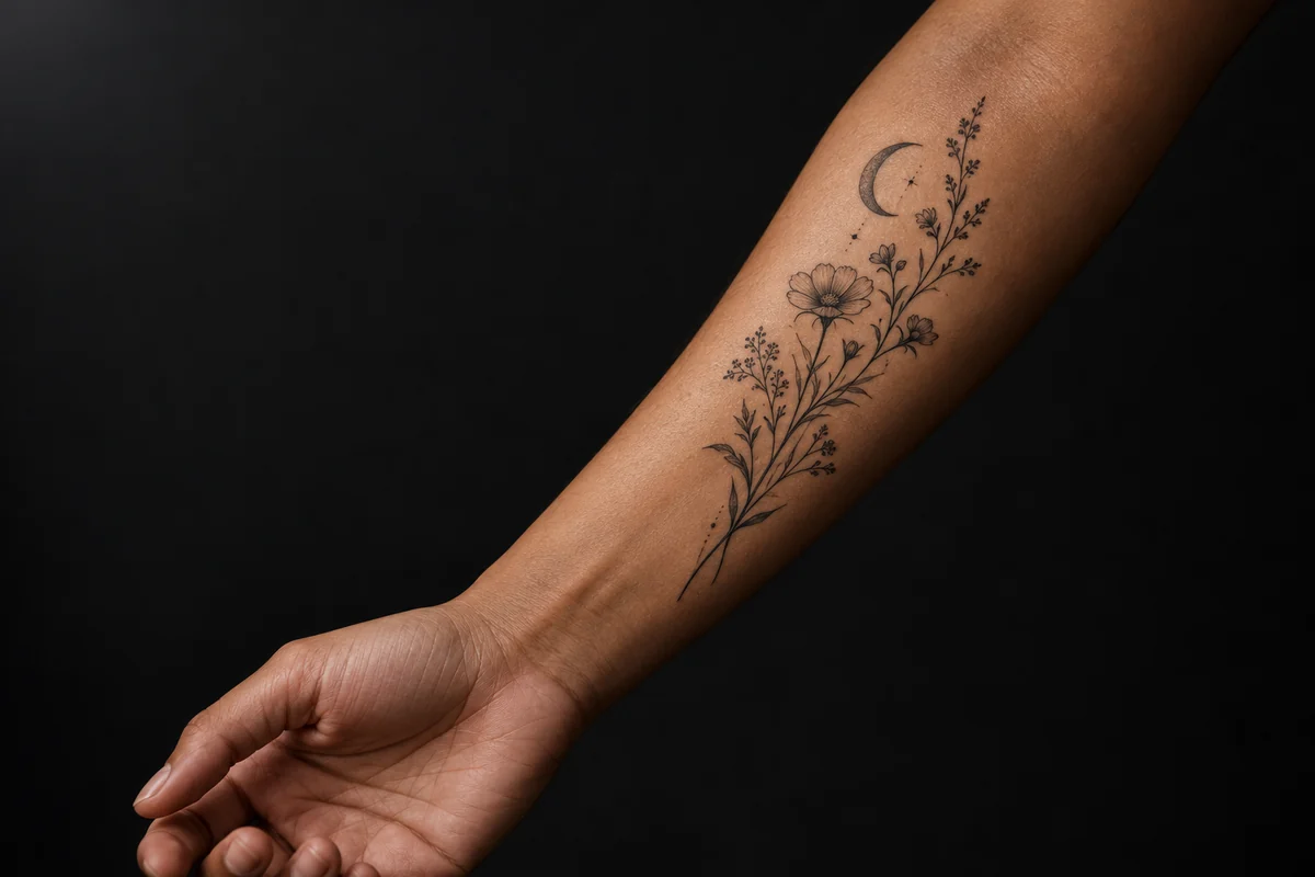 Original wildflower and moon tattoo on an anonymous adult forearm