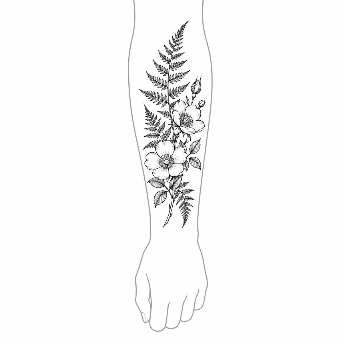 Wild roses and fern positioned on a simple forearm outline template