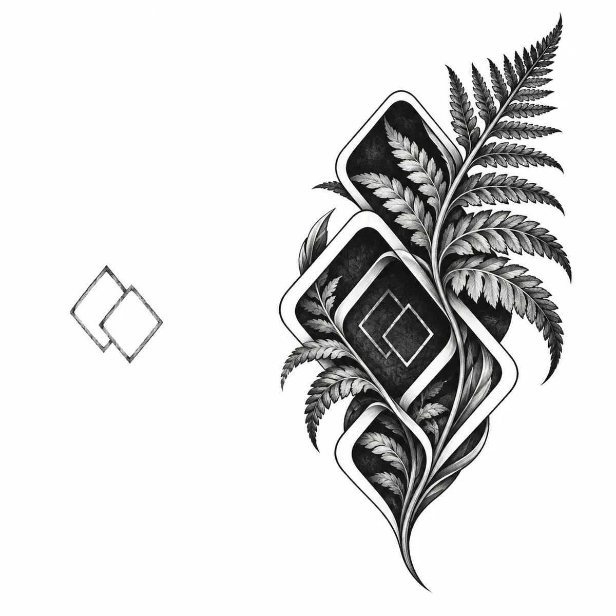 Old diamond outlines beside a geometric and fern cover-up concept on paper