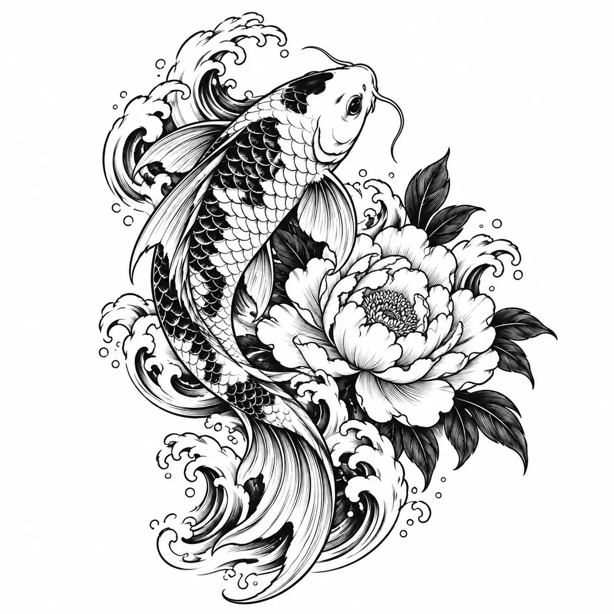 Japanese-inspired koi, peony and flowing water tattoo illustration
