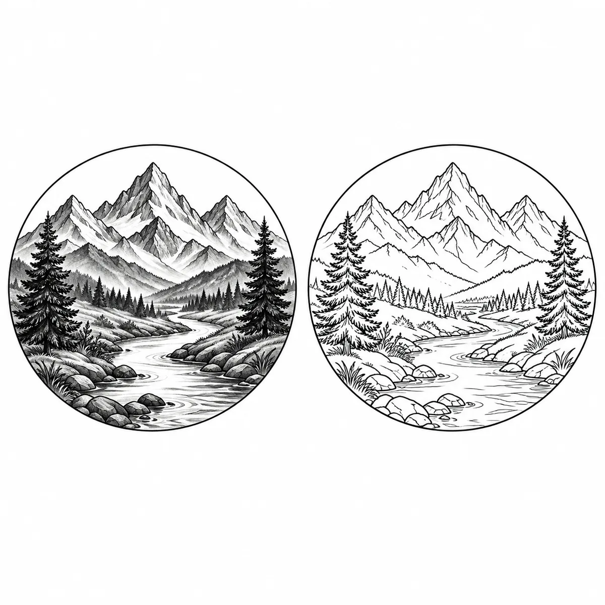 Alpine river and mountain design beside a contour stencil concept